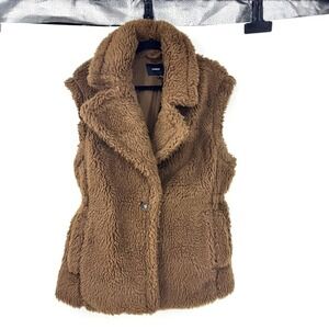 Express Brown Teddy Faux Fur Vest‎ Womens XS Notched Lapel Cinched Waist Pocket